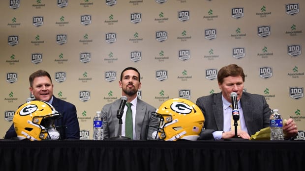 Green Bay Packers GM Brian Gutekunst, coach Matt LaFleur, and president Mark Murphy.