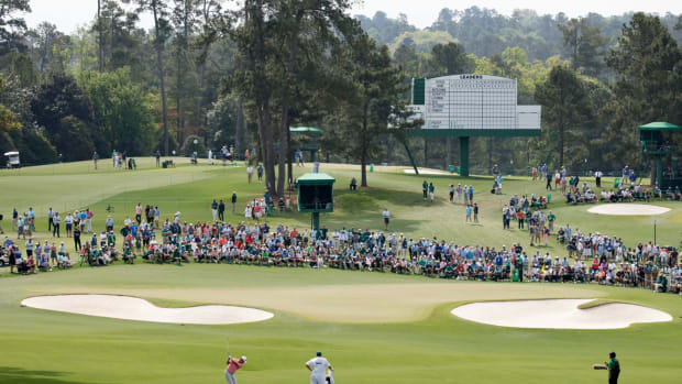 Harris English of the United States plays a shot on the second hole during the final round of the Masters at Augusta National Golf