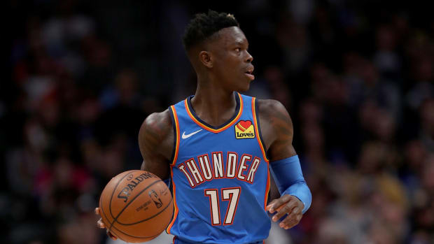 Dennis Schroder #17 of the Oklahoma City Thunder brings the ball down the court