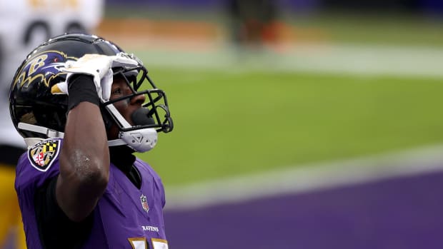 Marquise Brown looking on during the Ravens' game against the Steelers