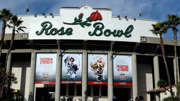 An exterior view of the Rose Bowl.