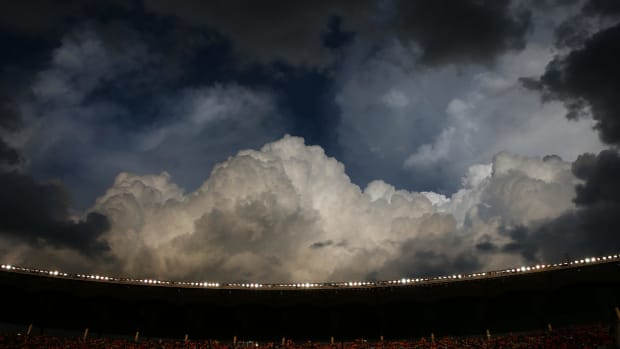 Fans fill the stands as play was suspended due to lightening in the area as the Baylor Bears take on the Oklahoma State Cowboys.
