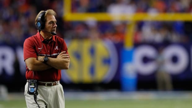 Head coach Nick Saban of the Alabama Crimson Tide looks on in the second half against the Florida Gators during the SEC Championship game.