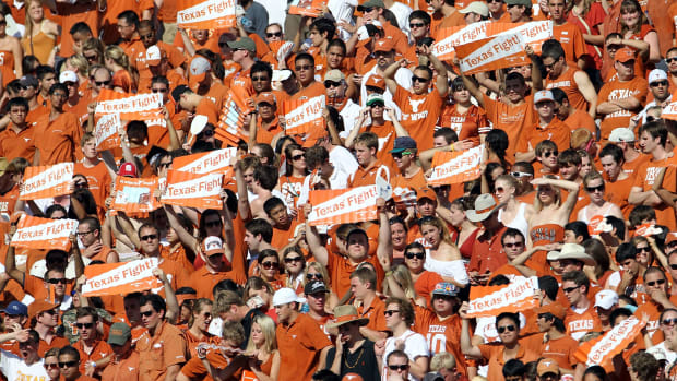 A view of fans during a game between the UCLA Bruins and the Texas Longhorns at Darrell K Royal-Texas Memorial Stadium.