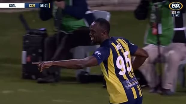 Usain Bolt celebrates goals in first soccer start.