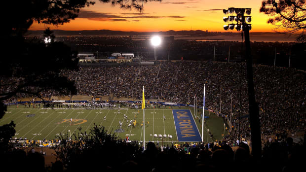 A view of Cal's football field during a sunset.
