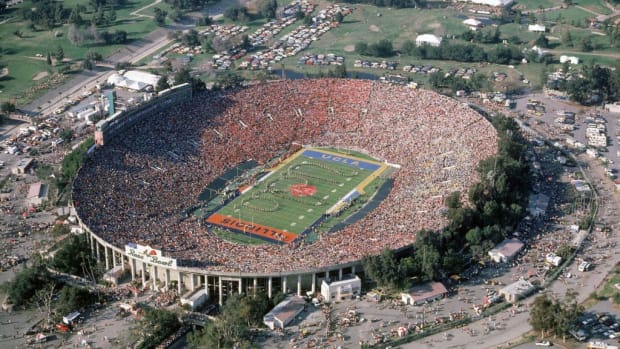 Aerial view of the half-time show at the 1984 Rose Bowl Game between UCLA and Illinois.
