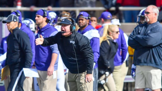 Gary Patterson reacting during a TCU football game.