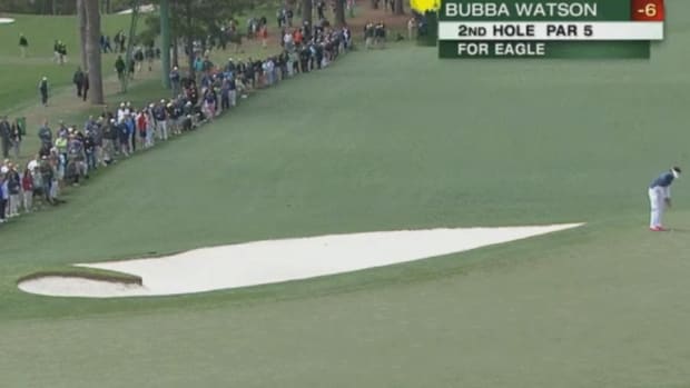 Bubba Watson sets for an eagle putt at the Masters.