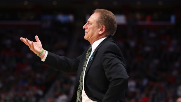 A closeup of Tom Izzo during a Michigan State Spartans basketball game.