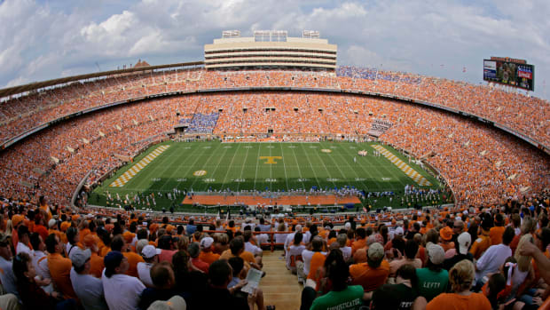 An upper deck view of the field at Neyland Stadium.
