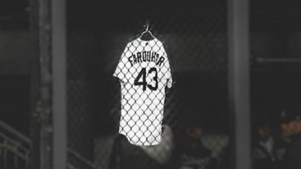 Danny Farquhar's jersey hung in the White Sox Dugout after the relief pitcher suffered a ruptured aneurysm