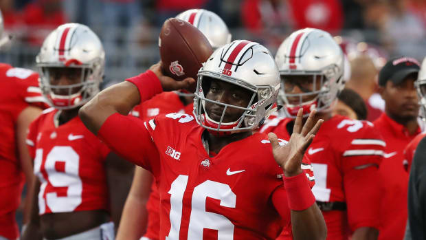 J.T. Barrett warming up before a game.