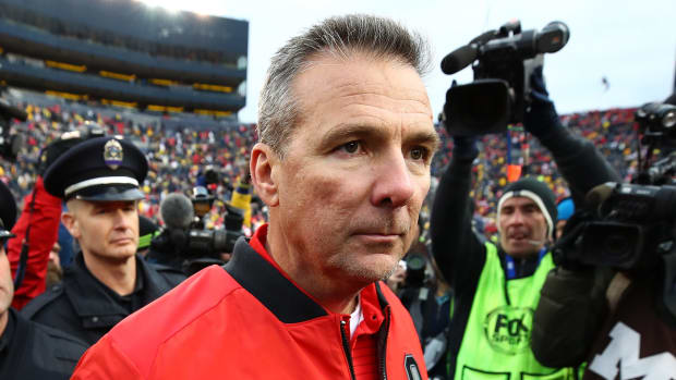 A closeup of Urban Meyer after an Ohio State football game.