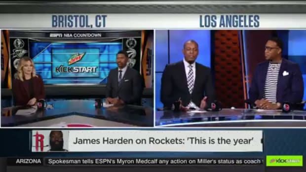 A split screen of ESPN NBA analysts.