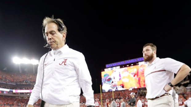 Head coach Nick Saban of the Alabama Crimson Tide reacts after the Clemson Tigers defeated the Alabama Crimson Tide 35-31 in the 2017 College Football Playoff National Championship Game.