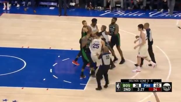 Terry Rozier and Joel Embiid scuffle during Game 4.