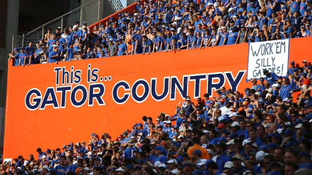 A view of the "This is Gator Country" wall at the Florida Gators football stadium.