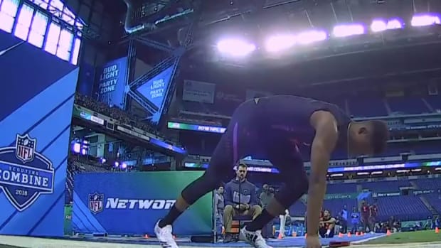 Player gets ready to run 40-yard dash at NFL Combine.