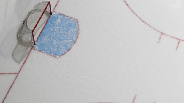 A view of a hockey net from above.