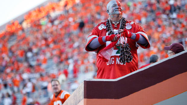Ohio State fan Big Nut looks on in the crowd.