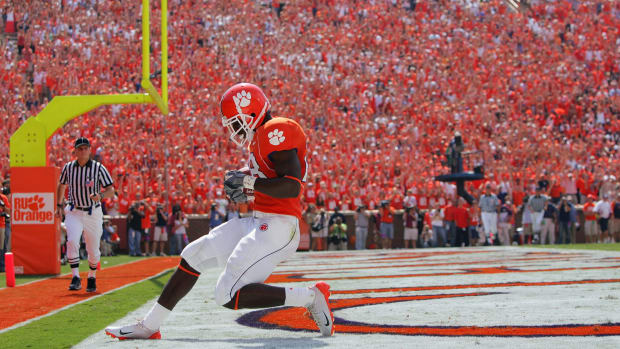 Clemson Tigers wide receiver scores a touchdown in the endzone at Death Valley.