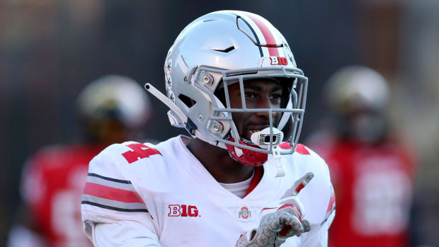 COLLEGE PARK, MD - NOVEMBER 17: Jordan Fuller #4 of the Ohio State Buckeyes reacts after a play during the second half at against the Maryland Terrapins Capital One Field on November 17, 2018 in College Park, Maryland. (Photo by Will Newton/Getty Images)