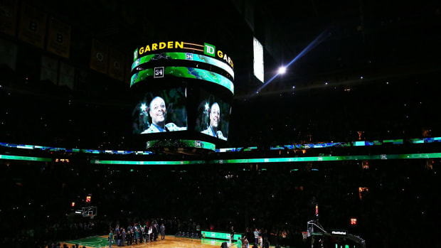 A view of the Boston Celtics court as fans honor Paul Pierce.