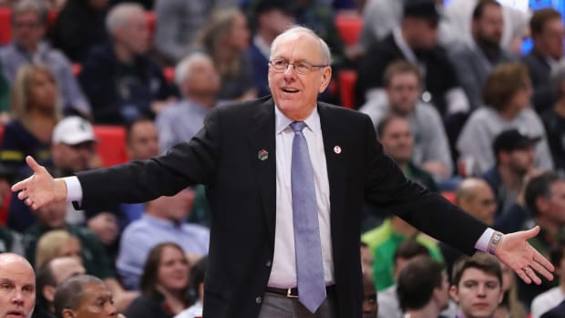 Jim Boeheim not happy with a call.