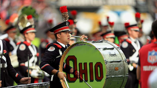 The Ohio State band playing during a football game.