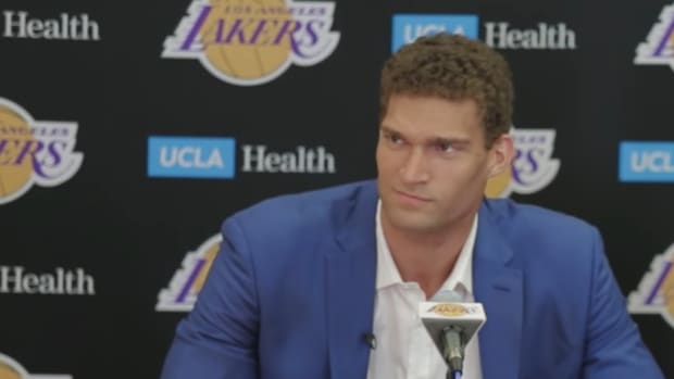 brook lopez speaks at a lakers press conference