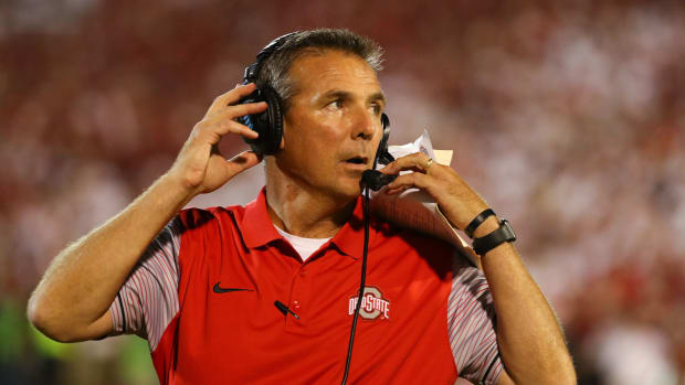 A closeup of Urban Meyer at an Ohio State game.