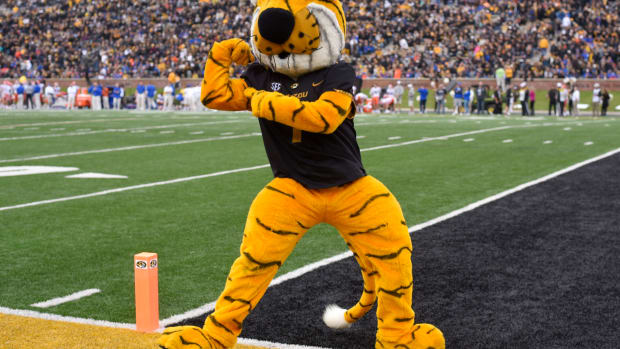 Missouri's mascot dancing in the end zone.