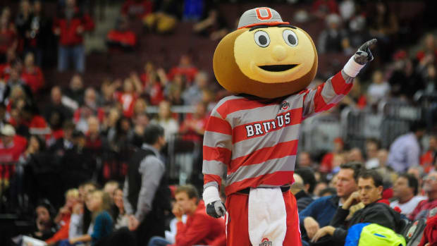 A closeup of Ohio State's mascot during a basketball game.