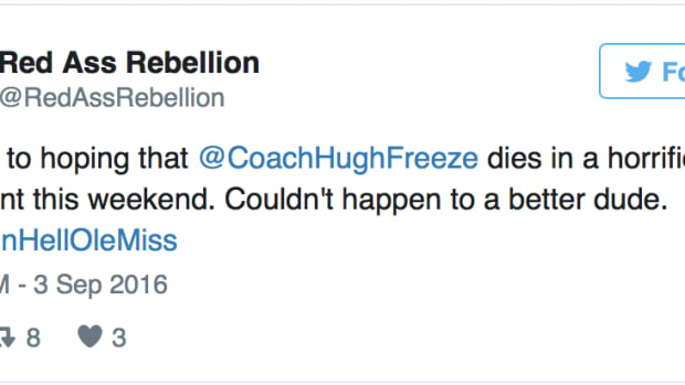 A photo of a tweet that attacks Hugh Freeze.