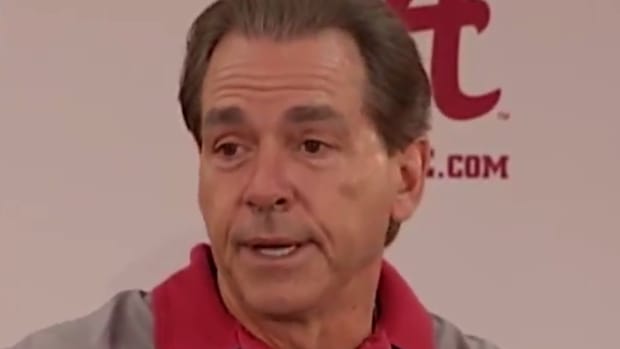 Nick Saban upset with reporters at a press conference.