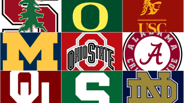 Collage of logos of top college football programs.