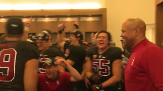The Stanford locker celebrates after David Shaw's passionate speech.