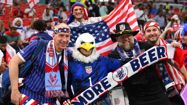 AL KHOR, QATAR - NOVEMBER 25: United States fans enjoy the pre match atmosphere prior to the FIFA World Cup Qatar 2022 Group B match between England and USA at Al Bayt Stadium on November 25, 2022 in Al Khor, Qatar. (Photo by Stu Forster/Getty Images)