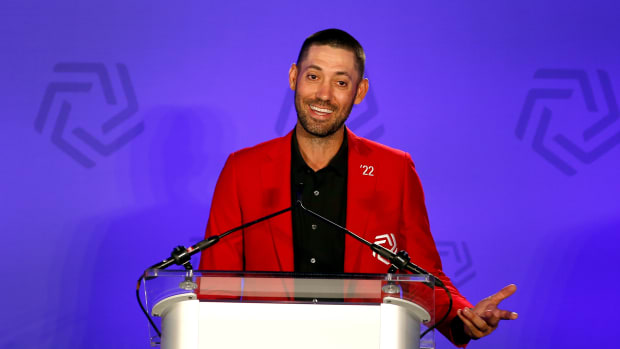 FRISCO, TEXAS - MAY 21: Hall of Fame Inductee Clint Dempsey smiles as he gives his speech during the 2021 National Soccer Hall Of Fame Induction Ceremony at Toyota Stadium on May 21, 2022 in Frisco, Texas. (Photo by Tim Heitman/Getty Images)