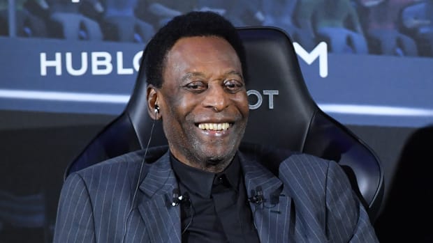 Legendary Brazilian soccer player Pelé attends a press conference in Paris.