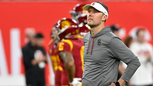 LAS VEGAS, NEVADA - DECEMBER 02: Head coach Lincoln Riley of the USC Trojans looks on prior to the Pac-12 Championship against the Utah Utes at Allegiant Stadium on December 02, 2022 in Las Vegas, Nevada. (Photo by David Becker/Getty Images)