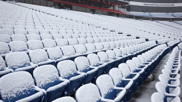 Snow at Highmark Stadium in Buffalo.