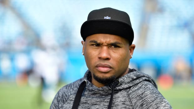 CHARLOTTE, NORTH CAROLINA - OCTOBER 06: Former Carolina Panthers player Steve Smith #89 talks with the NFL Network during their game against the Jacksonville Jaguars at Bank of America Stadium on October 06, 2019 in Charlotte, North Carolina. The Panthers won 34-27. (Photo by Grant Halverson/Getty Images)