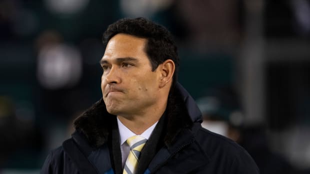 PHILADELPHIA, PA - DECEMBER 21: Fox TV analyst Mark Sanchez looks on prior to the game between the Washington Football Team and Philadelphia Eagles at Lincoln Financial Field on December 21, 2021 in Philadelphia, Pennsylvania. (Photo by Mitchell Leff/Getty Images)