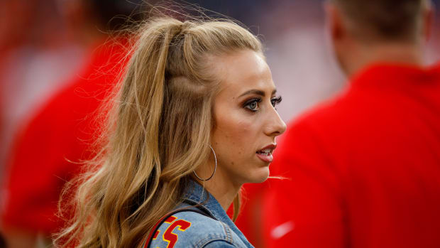 Brittany Mahomes, wife of Chiefs quarterback Patrick Mahomes, looks on before a game against the Denver Broncos.