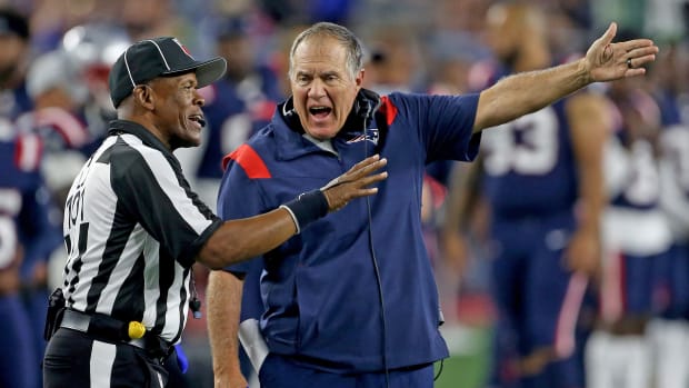 Patriots coach Bill Belichick reacts to a bad call in a game.