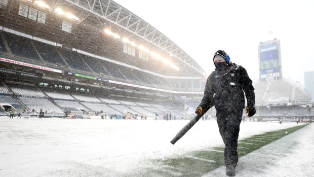 A snow-covered field for the Seattle Seahawks vs. Chicago Bears game.