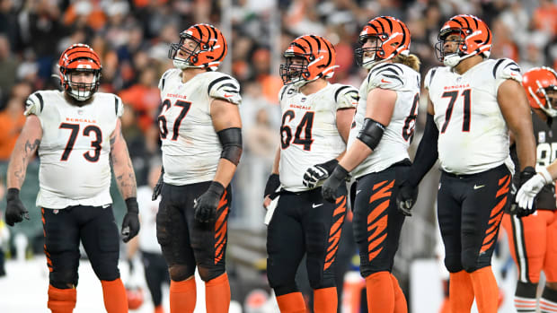 CLEVELAND, OHIO - OCTOBER 31: The Cincinnati Bengals offensive line looks on during the second half against the Cleveland Browns at FirstEnergy Stadium on October 31, 2022 in Cleveland, Ohio. (Photo by Nick Cammett/Diamond Images via Getty Images)