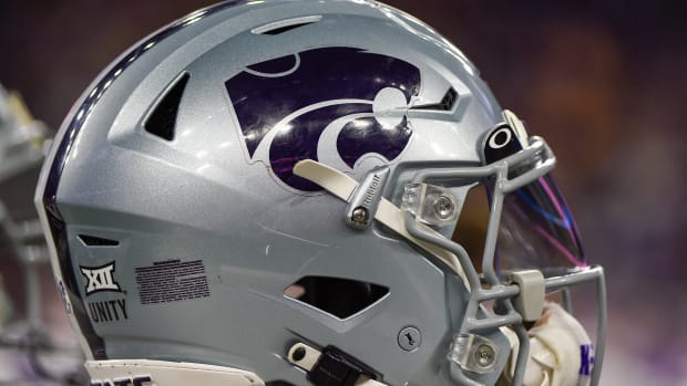 A Kansas State helmet during the Texas Bowl in 2022.